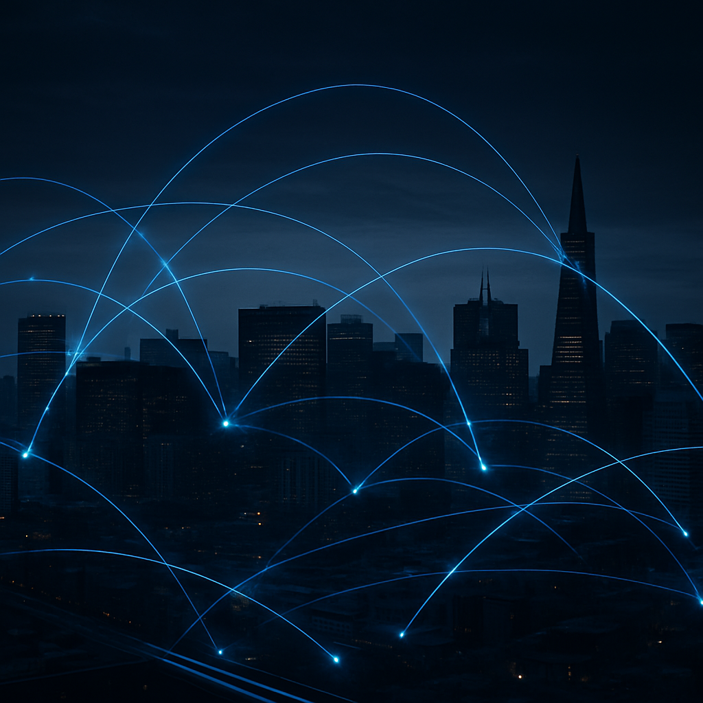 Fiber-optic network connections linking buildings across a city skyline at dusk