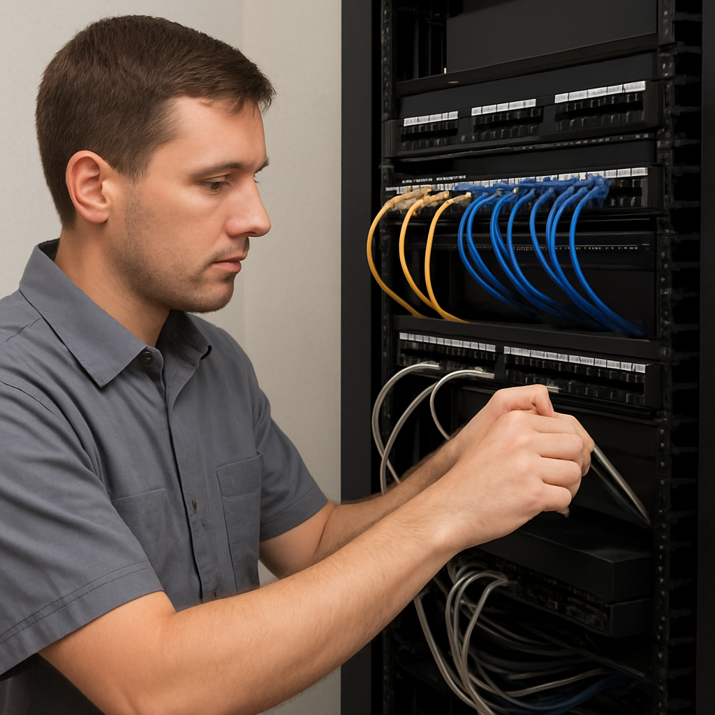 Technician installing and routing network equipment in a commercial wiring closet