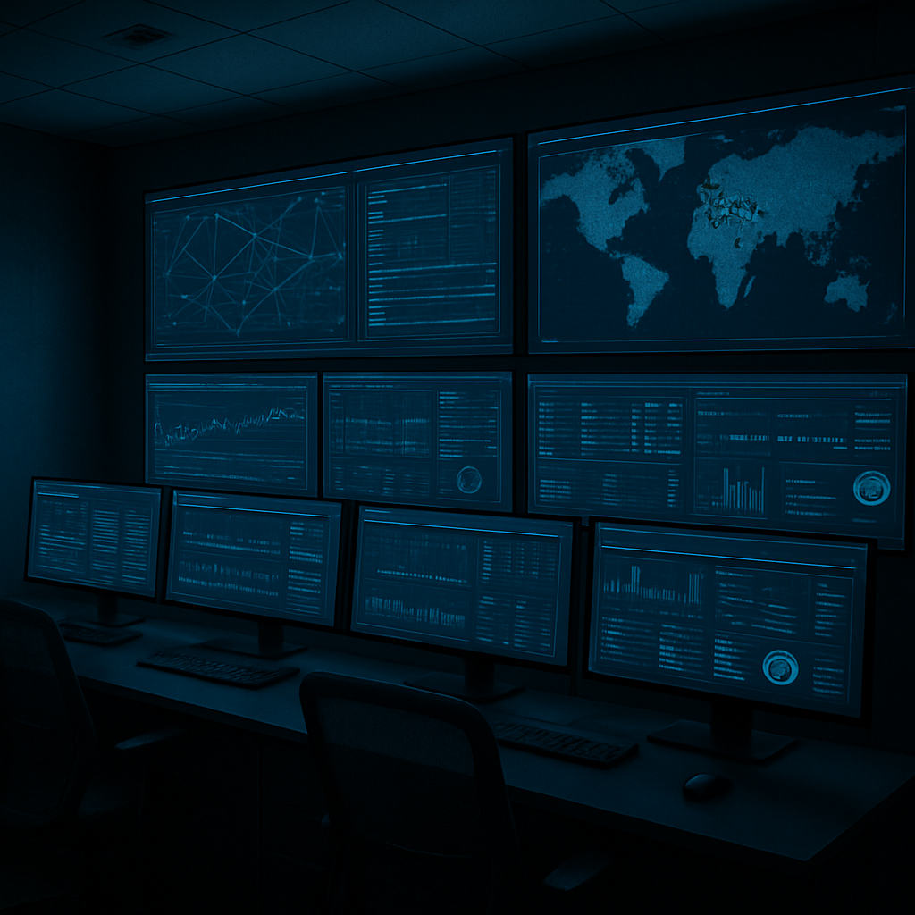 Network operations center with monitoring dashboards